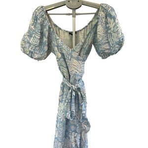 Shore Wrap Dress‎ Women M Blue White Puff Sleeve Tea Length NWT